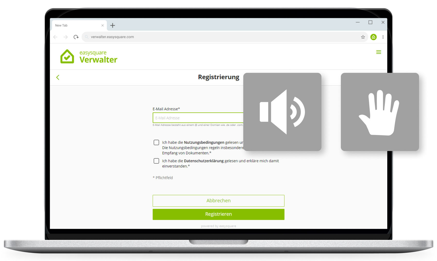 Mittels Sprachausgabe können sich blinde bzw. seheingeschränkte Nutzer problemlos registrieren. Für motorisch eingeschränkte Nutzer ist die Bedienung ebenfalls erleichtert.  Update zur Barrierefreiheit der easysquare Apps