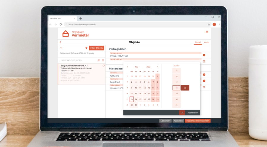 Kalender Pop-up zur Termineingabe in den Formularen der easysquare Apps