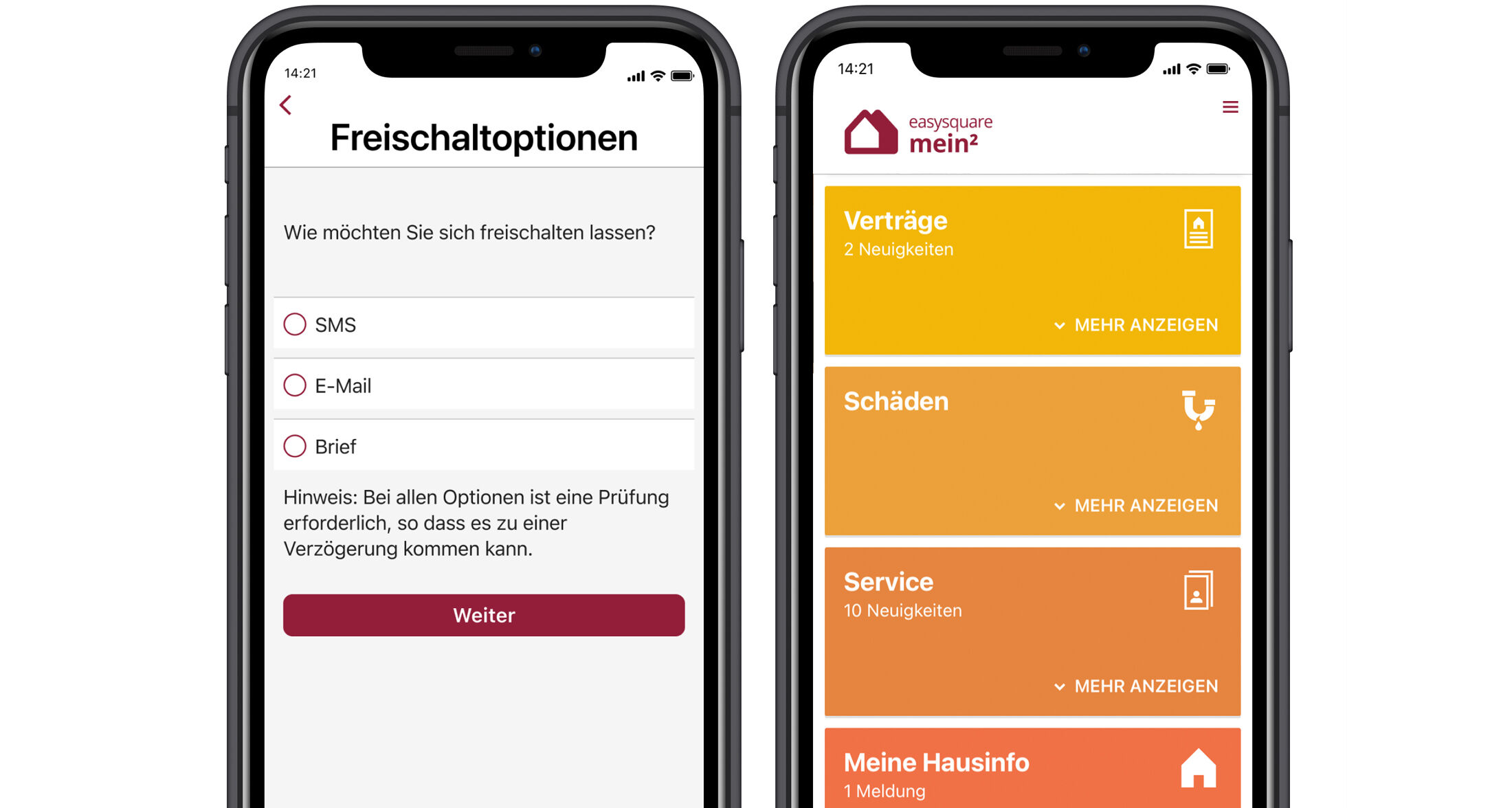 Mit der erfolgreichen Freischaltung via SMS, E-Mail oder Brief stehen Ihren Mieterinnen und Mietern alle Services in der easysquare App uneingeschränkt zur Verfügung. SMS Onboarding in der easysquare Mieter-App