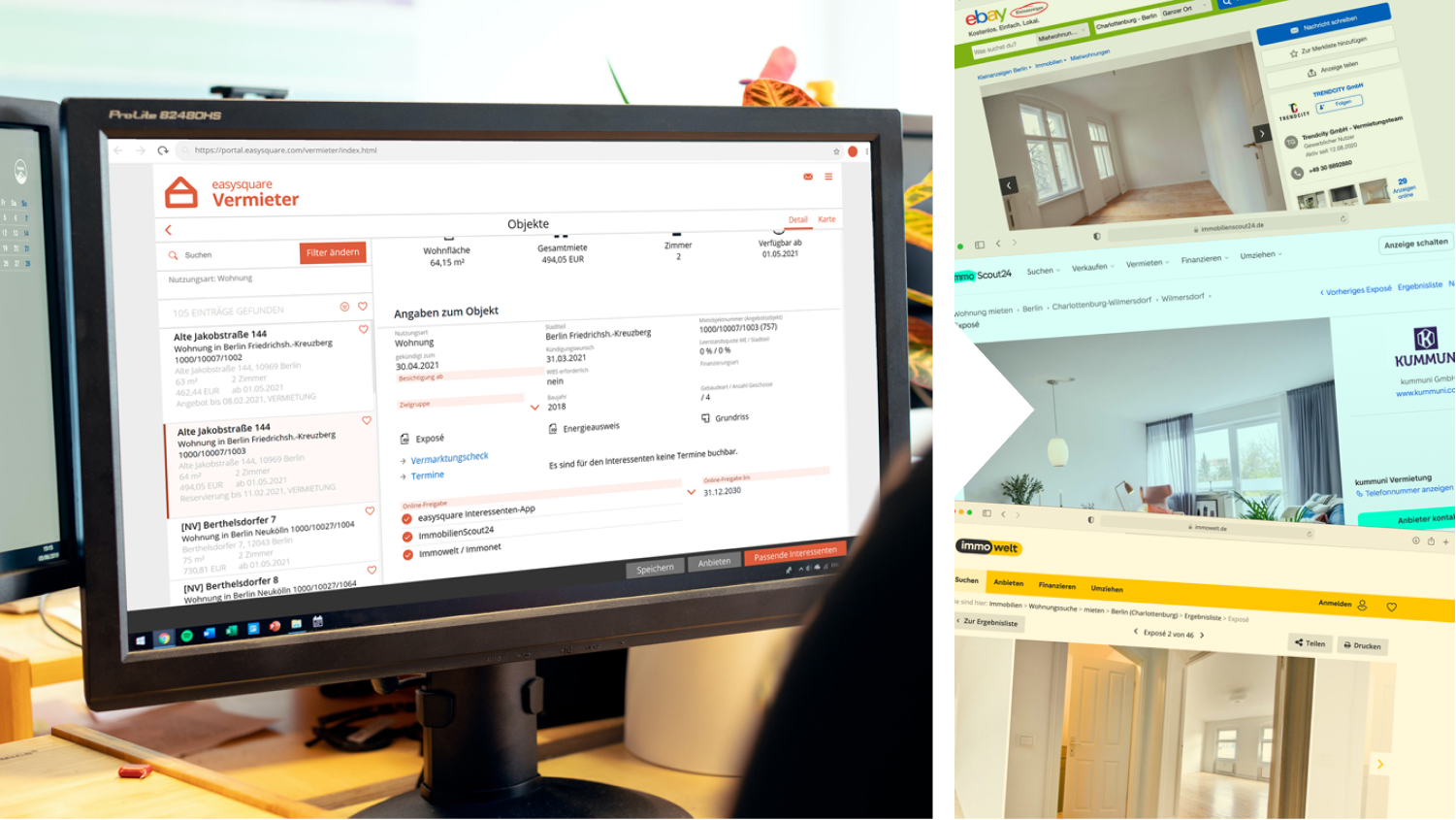 Komfortable Vermarktung Ihrer Inserate auf allen Immobilienportalen mit der easysquare Vermieter-App