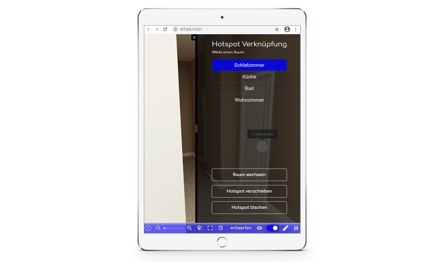 Im Entwurfsmodus der Vermieter-App können ganz einfach Hotspots mit Räumen verknüpft werden.