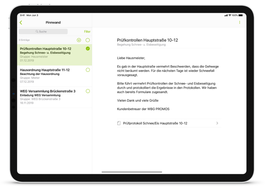 Pinnwandfunktion in der Verwalter-App von easysquare