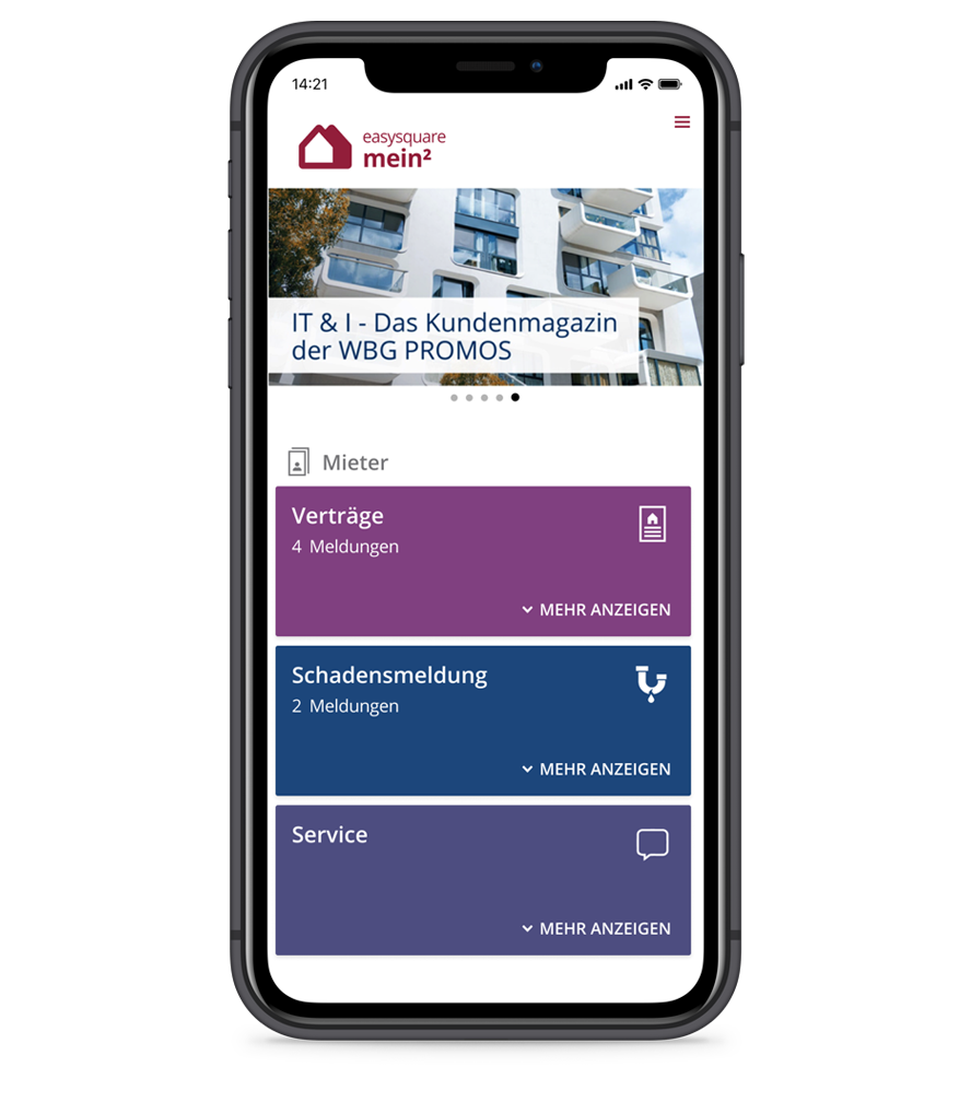 Diensteübersicht mit Verträge, Schadensmeldung und Service in der mein²-App