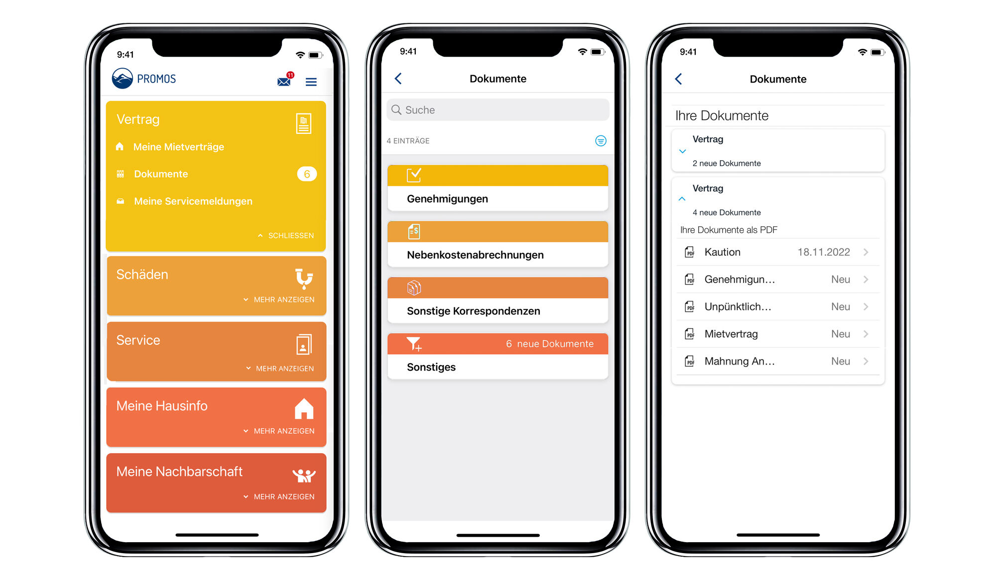 Übersichtlich und klar strukturiert findet der Nutzer all seine Dokumentenarten in den jeweiligen Themenordnern. Neue Übersichtlichkeit dank der Dokumentenstruktur in der easysquare Mieter-App
