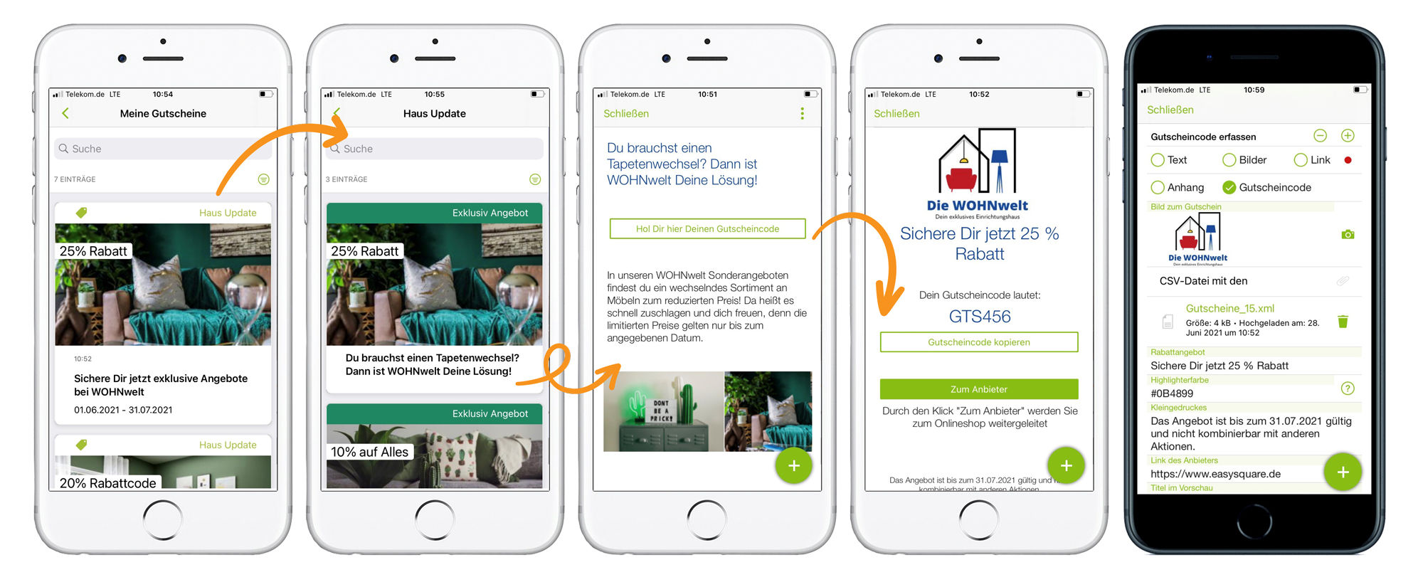 Tolle Gutscheine warten auf den Nutzer in der Mieter-App. Mittels CSV oder XML ganz einfach zu importieren.