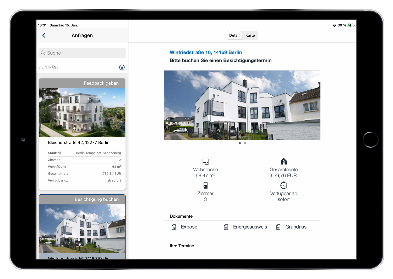 Im Anfrageformular sind alle wichtigen Informationen gebündelt, Termine können direkt vereinbart werden. Anfrageformular in der easysquare Interessenten-App