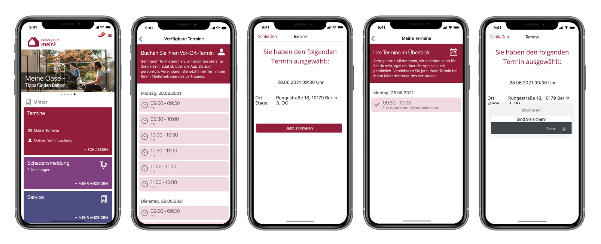 Effizient und einfach: In der Mieter-App können Termine direkt gebucht und auch storniert werden. generische Terminbuchung in den easysquare Apps